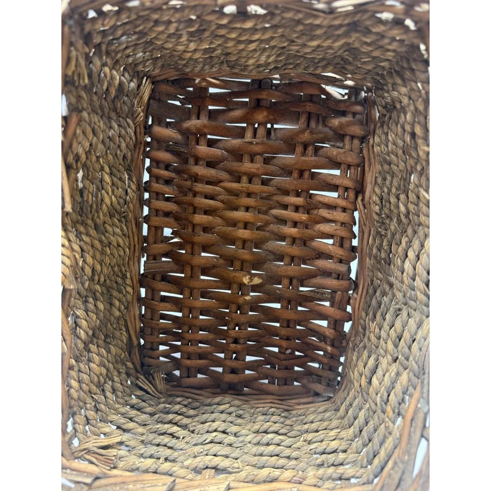 Vintage Rustic Woven Wicker Basket with Twisted Handle Farmhouse Decor Brown
